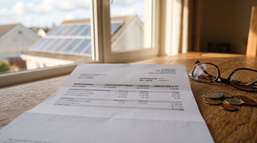 Factura de la luz sobre una mesa con placas solares al fondo