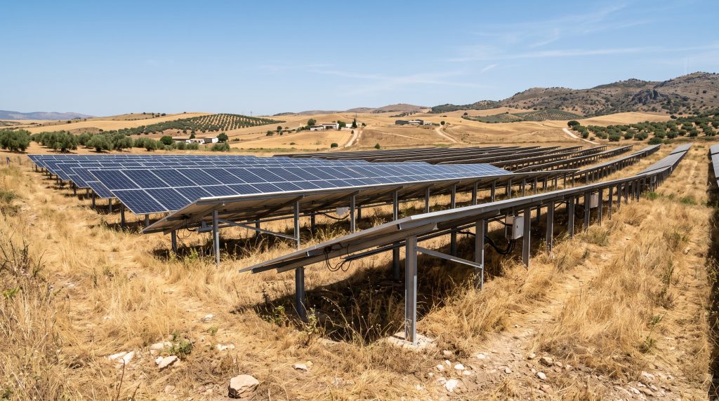 Estructura de placas solares instalada sobre terreno rústico