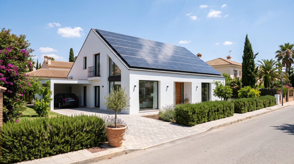 Vivienda unifamiliar con placas solares en el tejado bajo cielo soleado