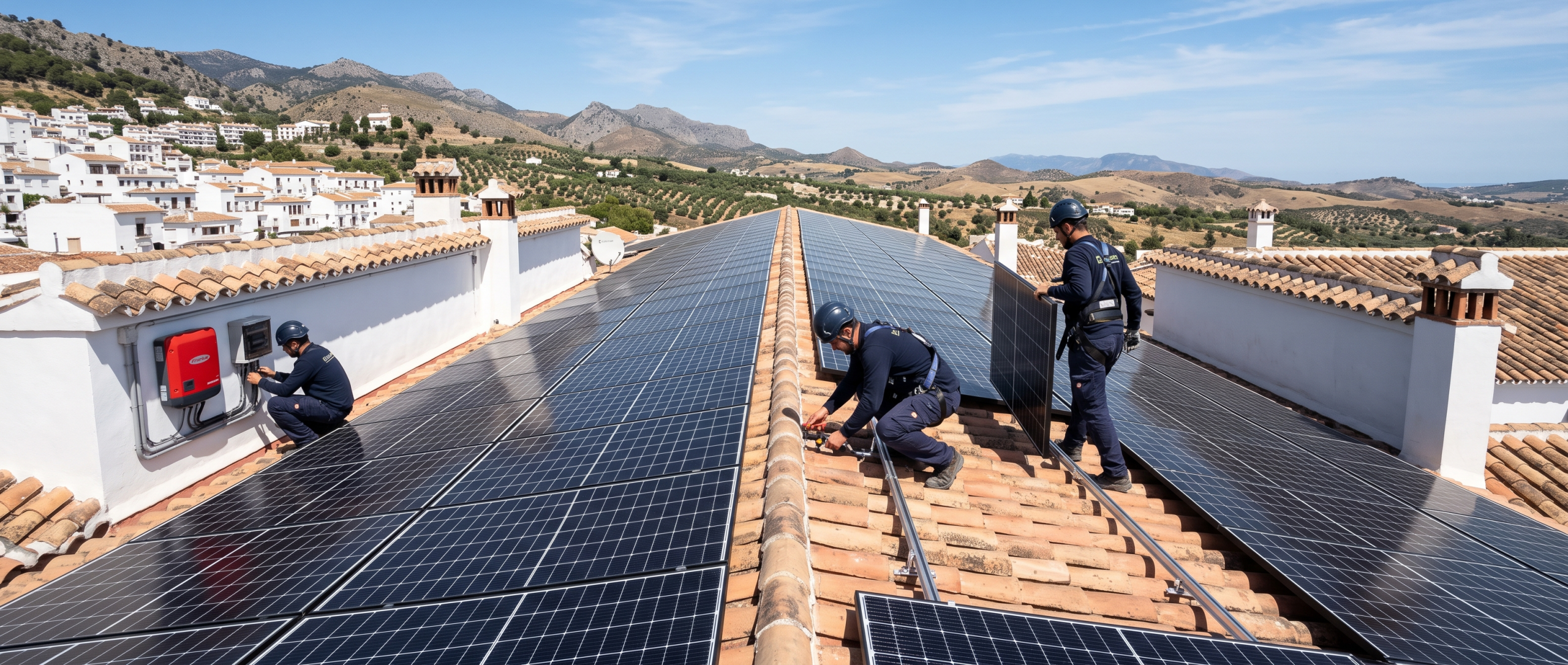 Equipo técnico instalando una gran cubierta de paneles solares en un tejado andaluz